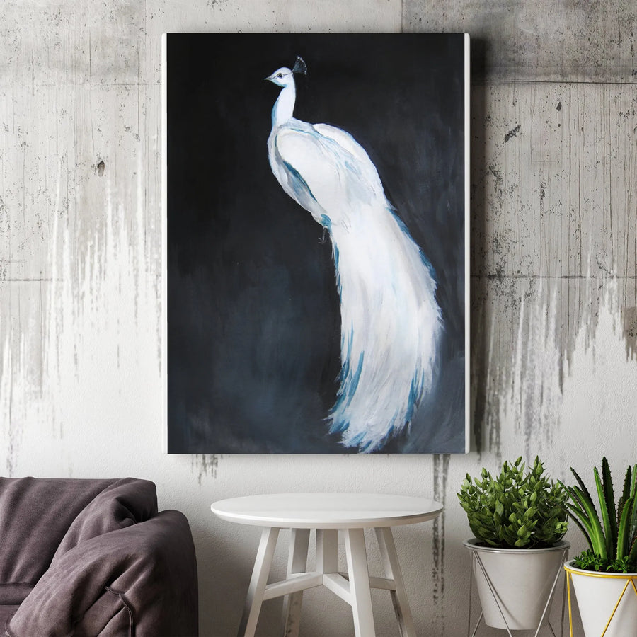 White Peacock Vertical Canvas Print | Elegant Painterly Bird Artwork on Black Background | Premium Gallery Wrapped Canvas | Collector's Gift for Bird Lover