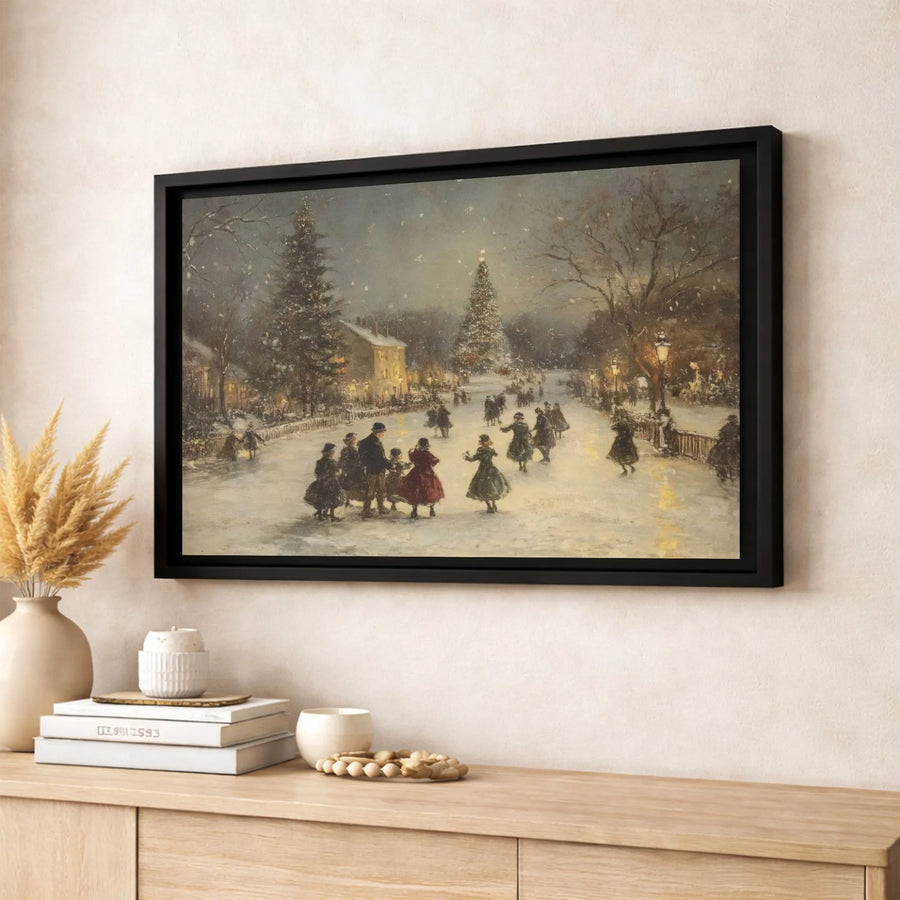 Vintage Christmas Ice Skating Canvas | Snowy Town Square Winter Landscape Art | Premium Gallery-Wrapped Wall Decor | Festive Holiday Home Gift
