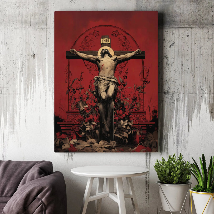 Crucifixion of Christ Canvas Wall Art | Dramatic Red Christian Illustration | Premium Thick Gallery Canvas | Religious Home Decor Gift