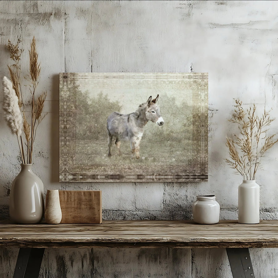 Grey Donkey Canvas Wall Art | Vintage Rustic Farmhouse Portrait | Premium Fade-Resistant Gallery Wrap | Farm Animal Decor for Country Home Gift