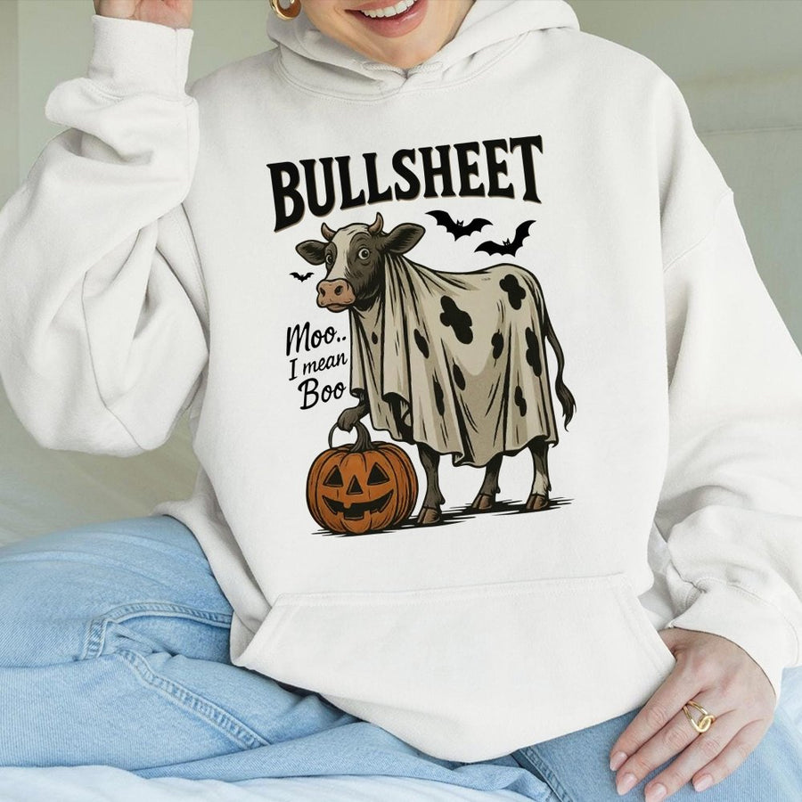 Bullsheet Halloween Hoodie | Funny Cow Ghost Pumpkin Design | Premium Cotton Blend Sweatshirt | Cute Spooky Season Gift for Men and Women