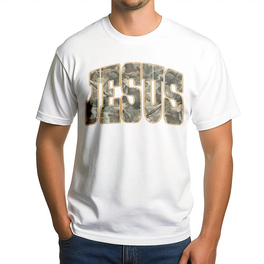 Jesus Camo T-Shirt | Woodland Forest Print Graphic Tee | Premium Soft Cotton | Faith-Based Religious Gift for Christians