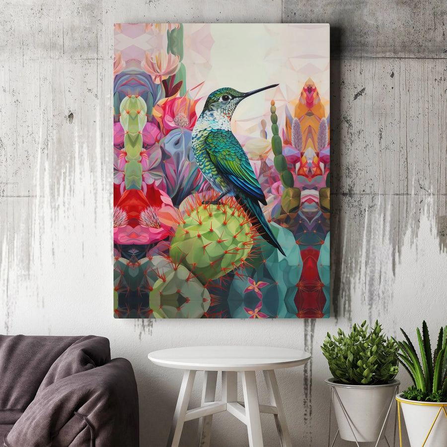 Hummingbird Cactus Canvas Art | Geometric Desert Floral Wall Decor | Premium Fade-Resistant Print | Colorful Wildlife Nature Gift for Home