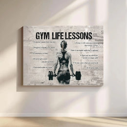 Gym Life Lessons Canvas | Inspirational Quotes Print with Female Lifter | Premium Thick Canvas | Home Gym Decor Gift
