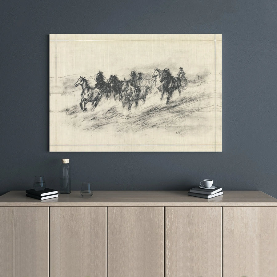 Western Horse Canvas Wall Art | Cowboy Herding Wild Horses Charcoal Sketch | Premium Gallery Wrap Canvas | Rustic Farmhouse Home Decor Gift