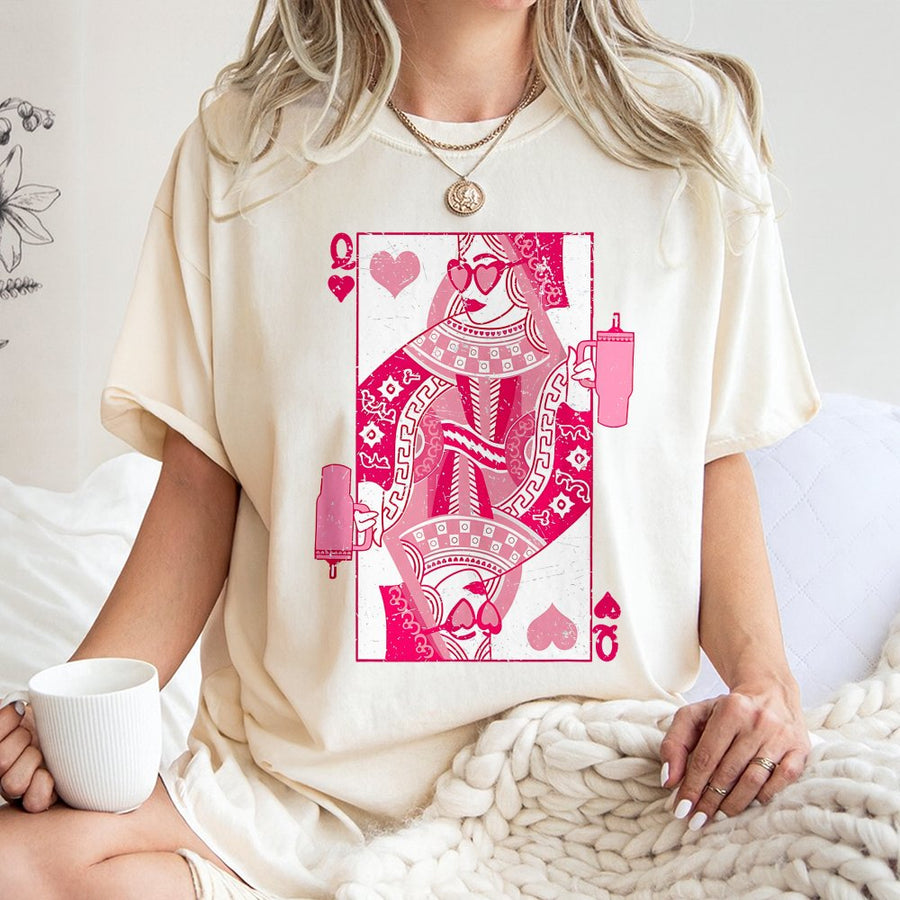 Queen of Hearts Playing Card T-Shirt | Pink Tumblr Aesthetic Graphic | 100% Premium Soft Cotton | Trendy Valentine's Day Gift for Her