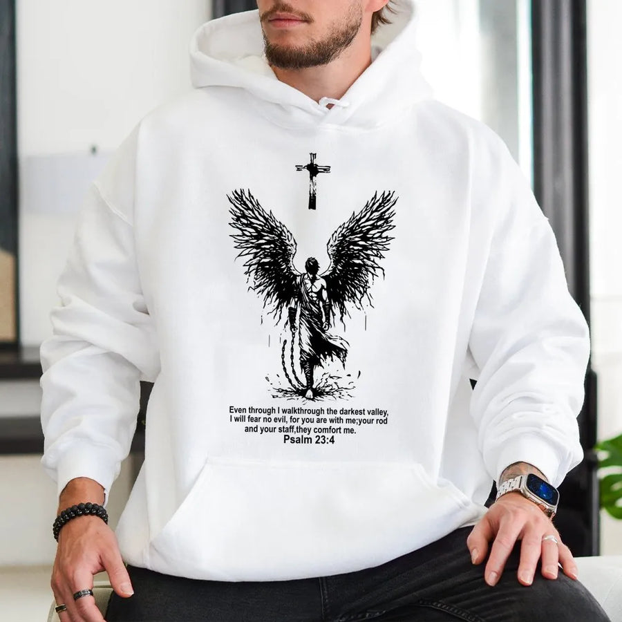 Psalm 23:4 Christian Hoodie | Angelic Warrior Cross Design | Premium Cotton Blend | Faith-Inspired Gift for Men and Women