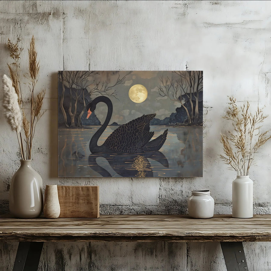 Black Swan Canvas Wall Art | Moody Full Moon Lake Landscape | Premium Gallery Wrap Print | Elegant Nature Home Decor Gift