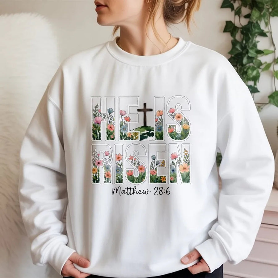 He Is Risen Sweatshirt | Floral Cross Graphic with Bible Verse | Soft Cotton Blend Pullover | Christian Easter Gift for Women