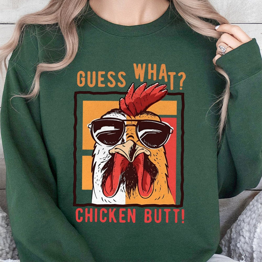 Guess What Chicken Butt Sweatshirt | Funny Retro Cool Chicken Graphic | Premium Cotton Blend | Humorous Gift for Men and Women