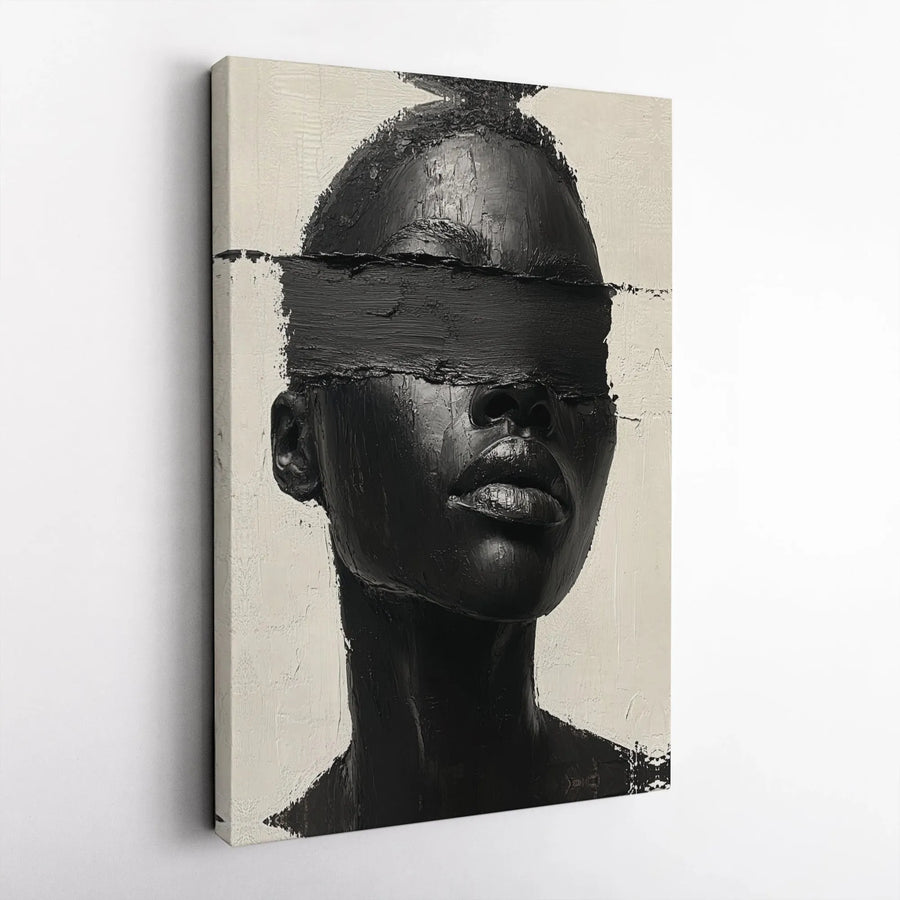 Black Woman Abstract Canvas Art | Textured Blindfold Portrait Print | Premium Gallery Wrap Canvas | Modern Minimalist Home Decor Gift