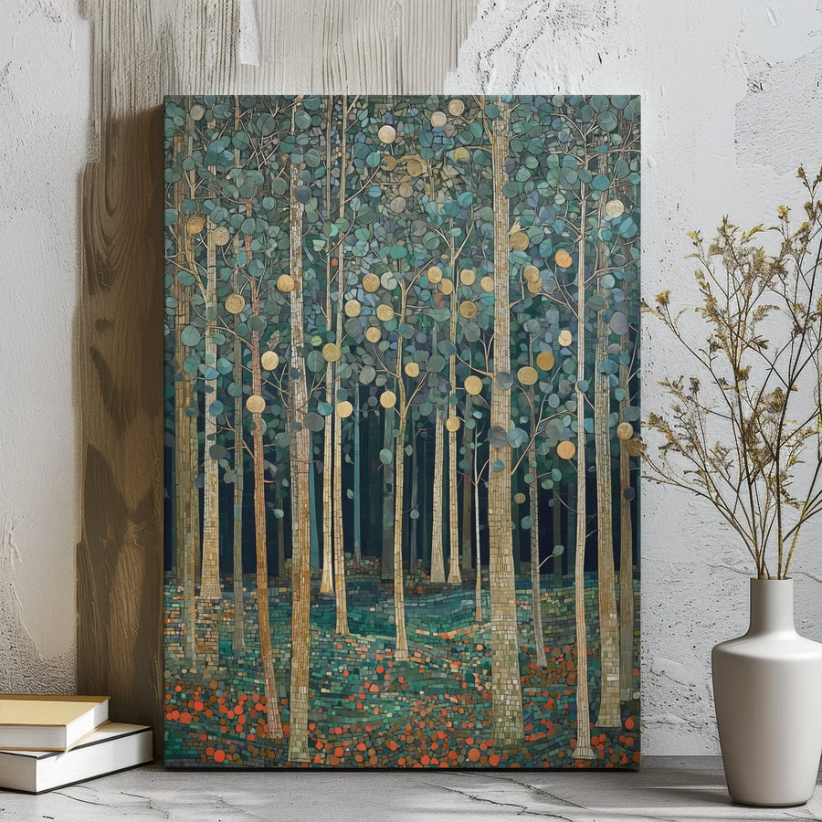 Mosaic Forest Canvas Wall Art | Golden Leaf Woodland Tree Print | Premium Gallery Wrap Decor | Nature Lover Living Room Gift