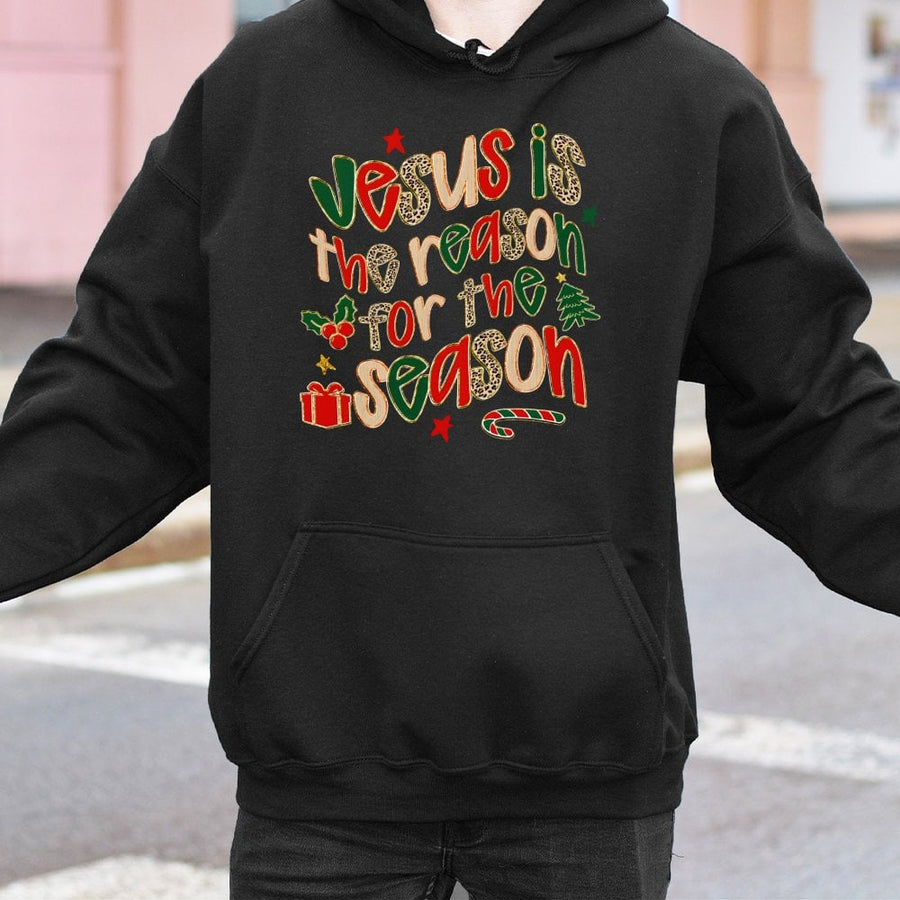 Jesus Is The Reason For The Season Hoodie | Leopard Print Christian Christmas Graphic | Premium Cotton Blend | Faith-Based Gift For Women