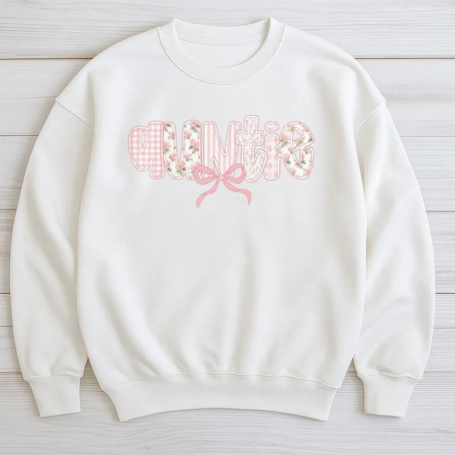 Auntie Sweatshirt | Floral Gingham Patchwork Graphic | Premium Cotton-Blend Sweatshirt | Gift For New Aunt