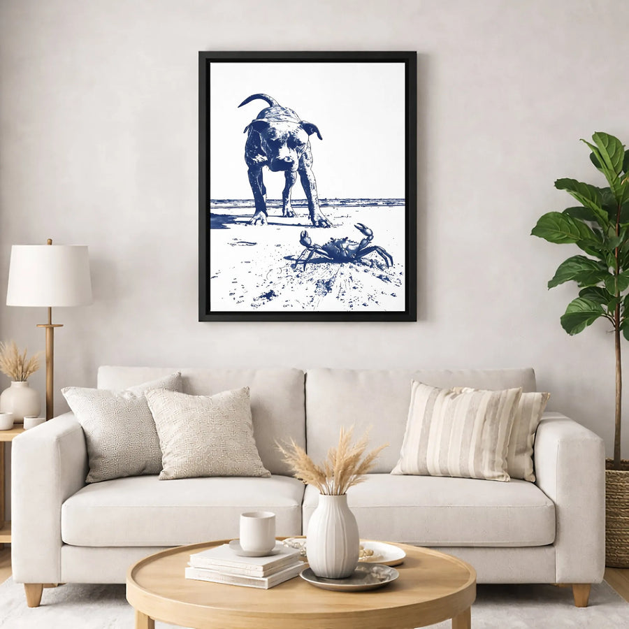 Pit Bull Dog and Crab Wall Art | Coastal Blue Ink Sketch Print | Gallery-Quality 1.25" Canvas | Unique Gift for Dog Lovers