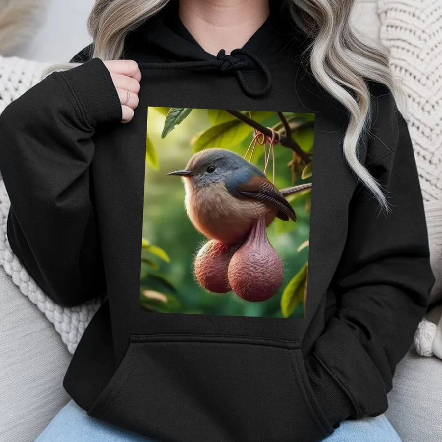 Funny Bird With Balls Hoodie | Titmouse Meme Graphic Jumper | Soft Fleece Pullover | Gag Gift for Bird Lovers