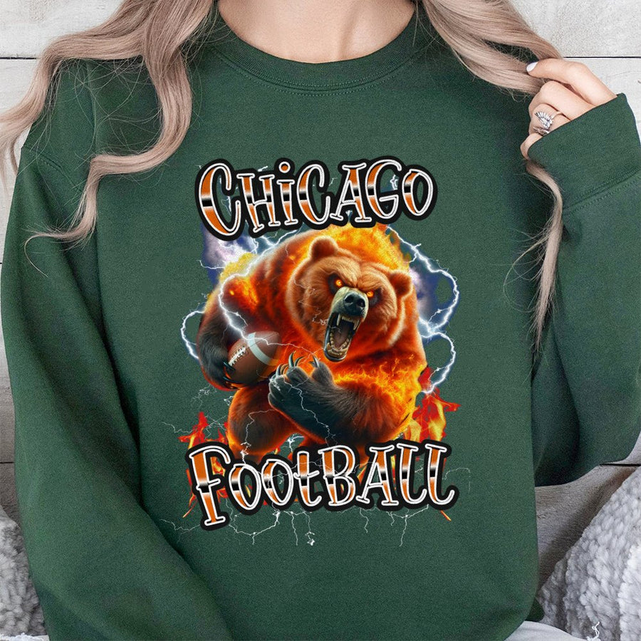 Chicago Football With Roaring Flaming Bear And Lightning Sweatshirt
