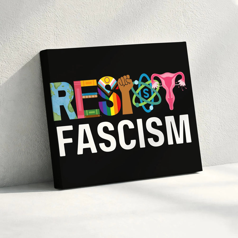 Resist Fascism Canvas Wall Art | Progressive Social Justice Symbols Print | Premium Gallery Wrapped Canvas | Political Activist Home Decor Gift