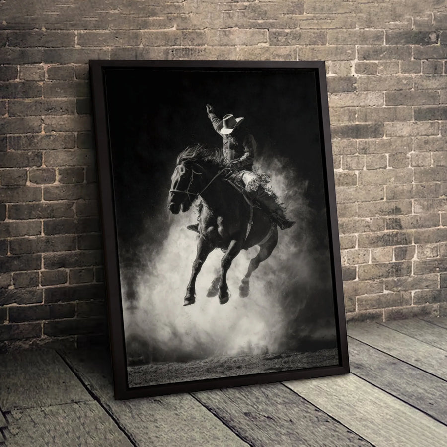 Western Cowboy Wall Art | Black and White Bucking Horse Canvas Print | Premium Gallery Wrapped Decor | Rodeo Gift for Him