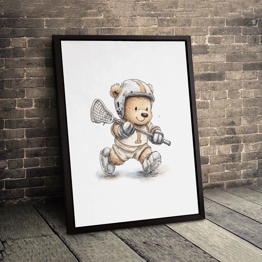 Lacrosse Teddy Bear Canvas Wall Art | Cute Watercolor Sports Nursery Decor | Gallery Quality Premium Print | Perfect Gift for Lacrosse Players