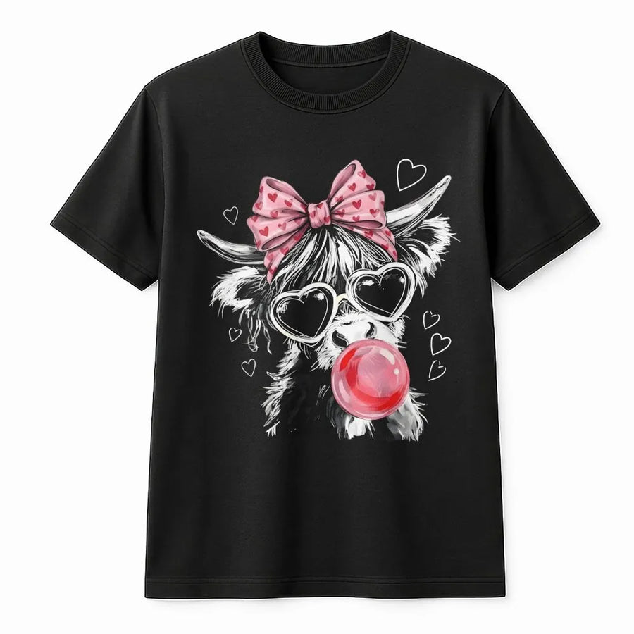 Highland Cow Graphic T-Shirt | Cute Bubble Gum Cow With Pink Heart Sunglasses | Premium Soft Cotton | Funny Farm Animal Gift For Her