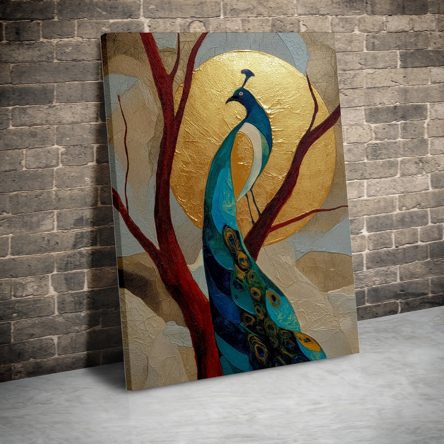 Abstract Peacock Wall Art | Golden Sun & Red Tree Botanical Print | Premium Gallery Wrapped Canvas | Luxury Living Room Decor Gift