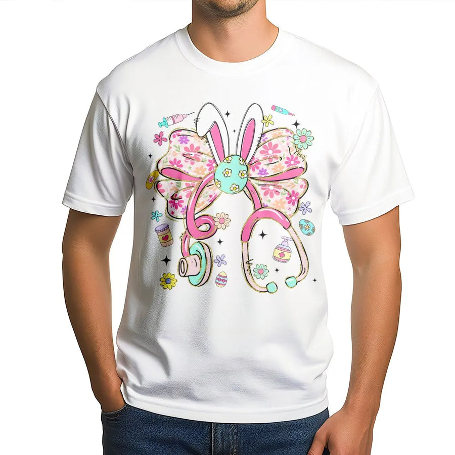 Nurse Easter T-Shirt | Stethoscope Bunny Ears Floral Bow Graphic | 100% Cotton Premium Tee | Cute RN Nursing Student Spring Gift