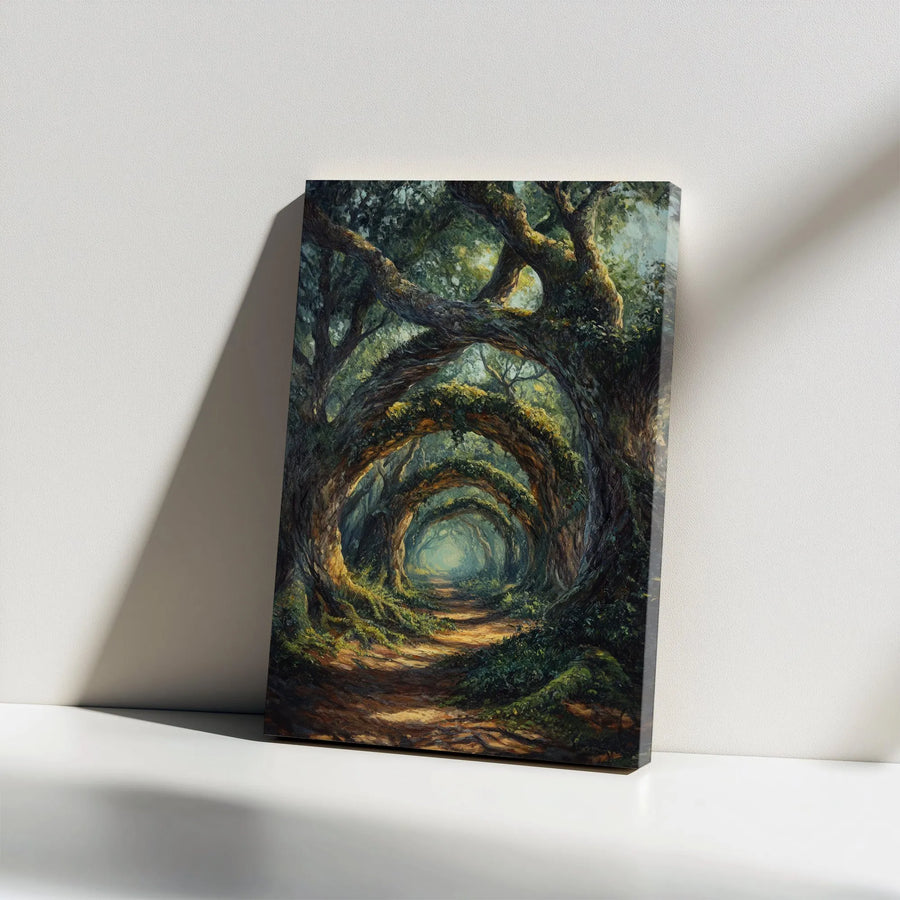 Enchanted Forest Path Vertical Canvas | Fantasy Woodland Wall Art with Ancient Tree Tunnel Painting | Premium Gallery Wrapped Print | Nature Lover Gift