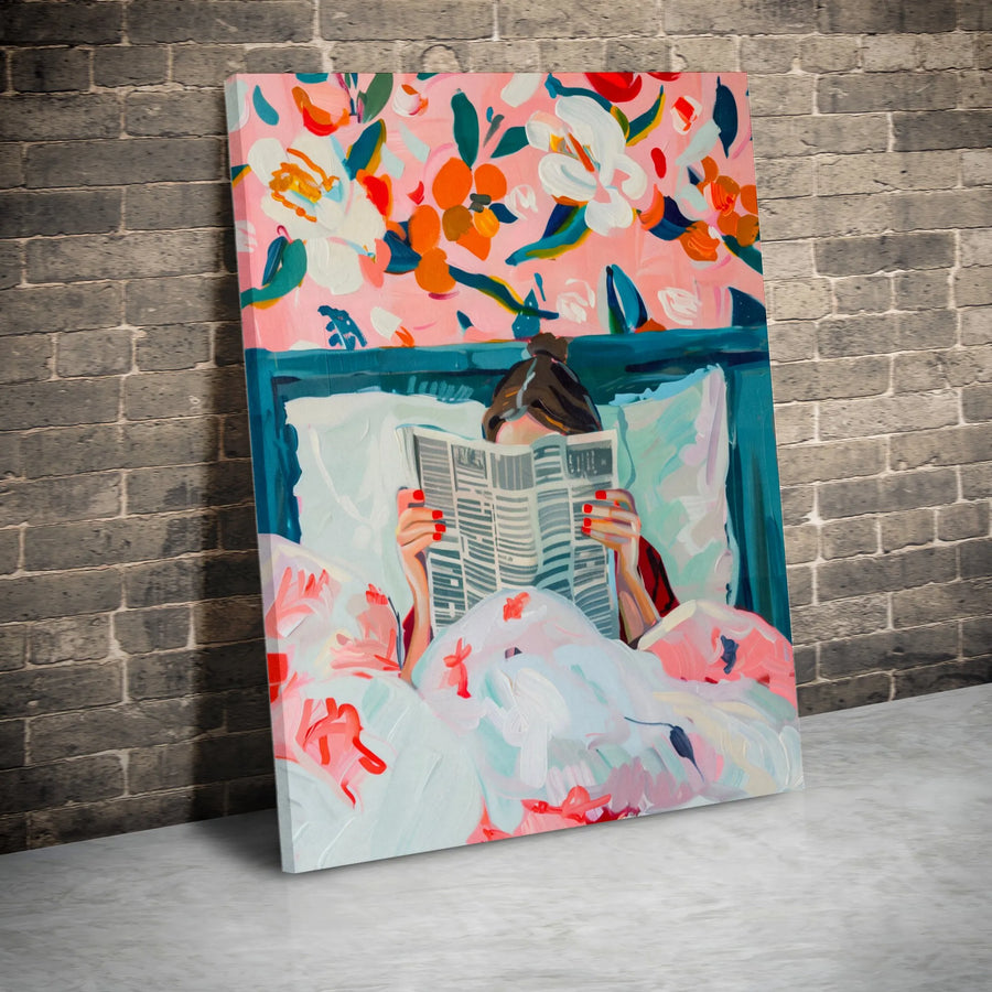Woman Reading In Bed Canvas Print | Abstract Floral Bedroom Wall Art | Premium Gallery-Wrapped 1.25" Profile | Cozy Boho Home Decor Gift