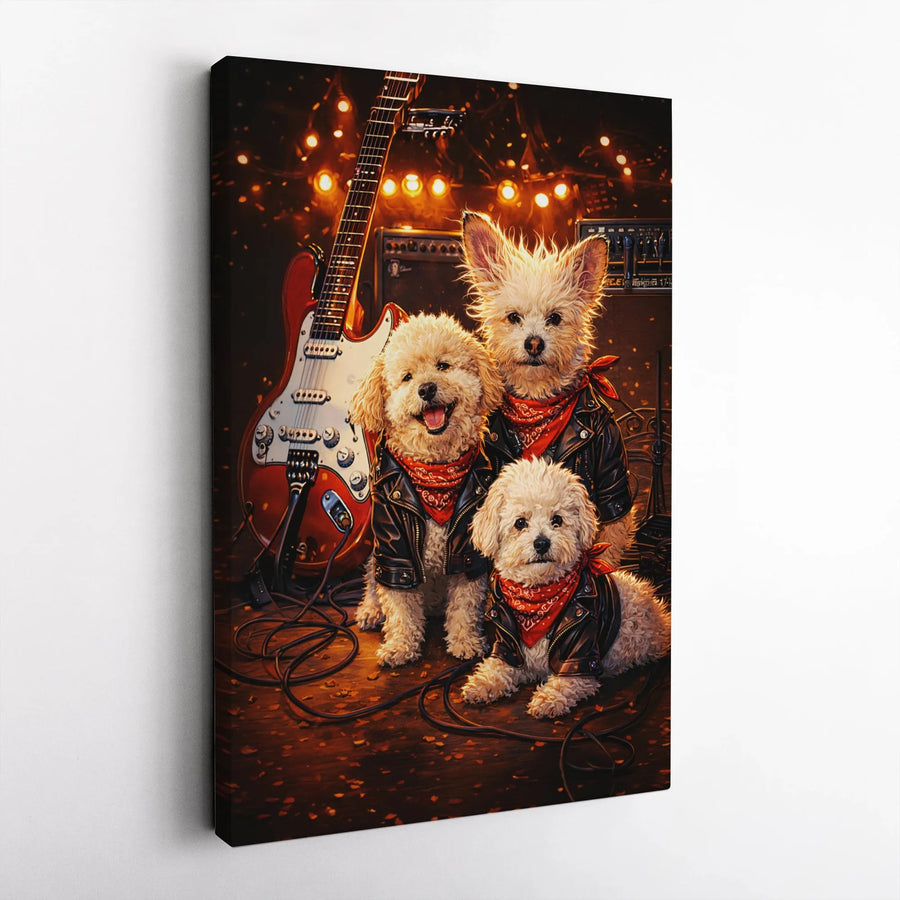 Rockstar Dog Band Canvas Wall Art | Funny Poodle Pups in Leather Jackets | Premium Gallery Wrap Canvas | Unique Gift for Musician & Dog Lover