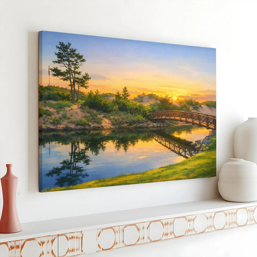 Sunset River Landscape Canvas | Anime Aesthetic Wooden Bridge Art | Premium Gallery Wrap 1.25 Inch | Tranquil Nature Home Decor Wall Print