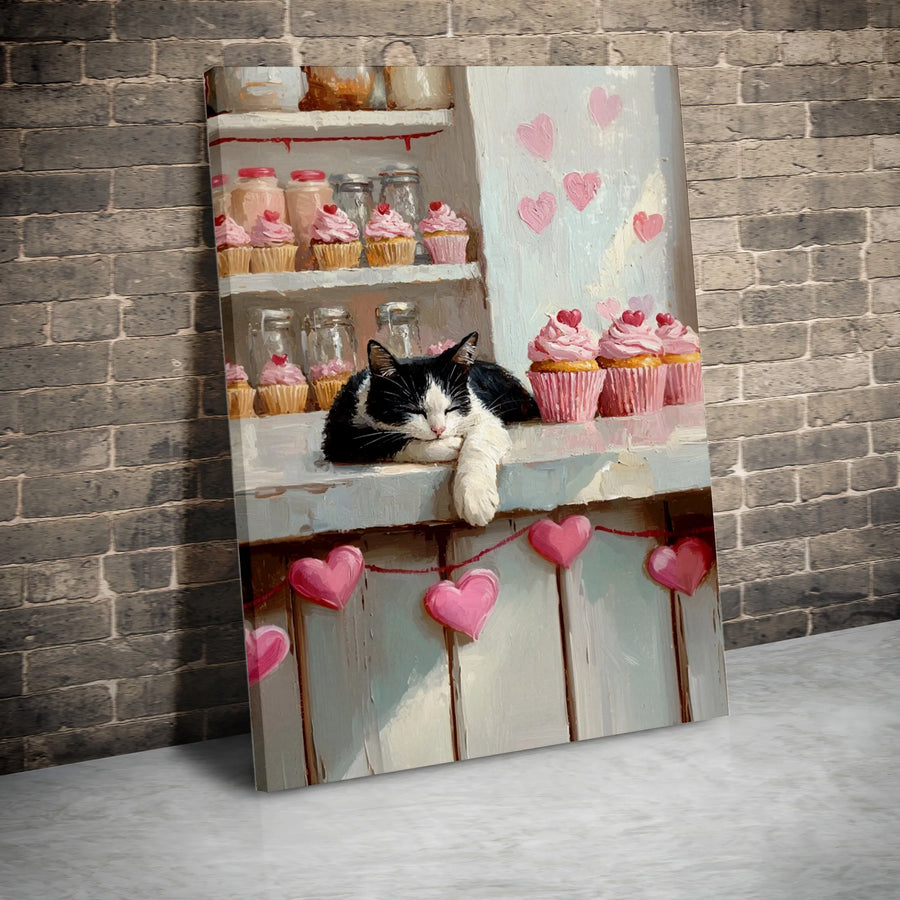Tuxedo Cat Wall Art | Sleeping Kitten with Pink Cupcakes Painting | Premium 1.25" Gallery Wrapped Canvas | Valentine's Day Home Decor Gift