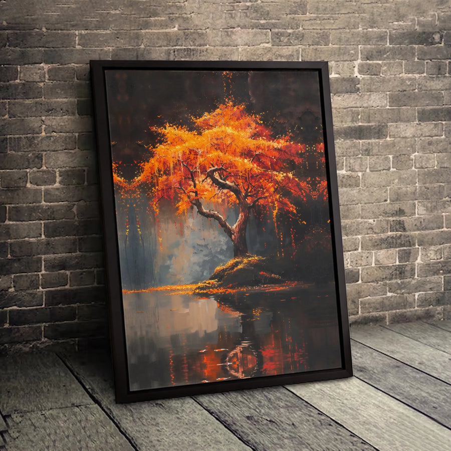 Autumn Tree Wall Art | Fiery Orange Lake Reflection Print | Gallery Quality 1.25" Stretched Canvas | Fall Nature Landscape Home Decor Gift