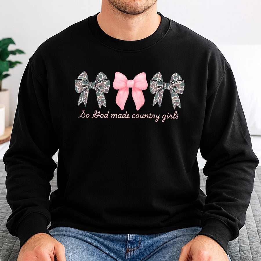 God Made Country Girls Sweatshirt | Coquette Bows Camo Graphic | Premium Cotton Blend Crewneck | Trendy Southern Western Gift for Her