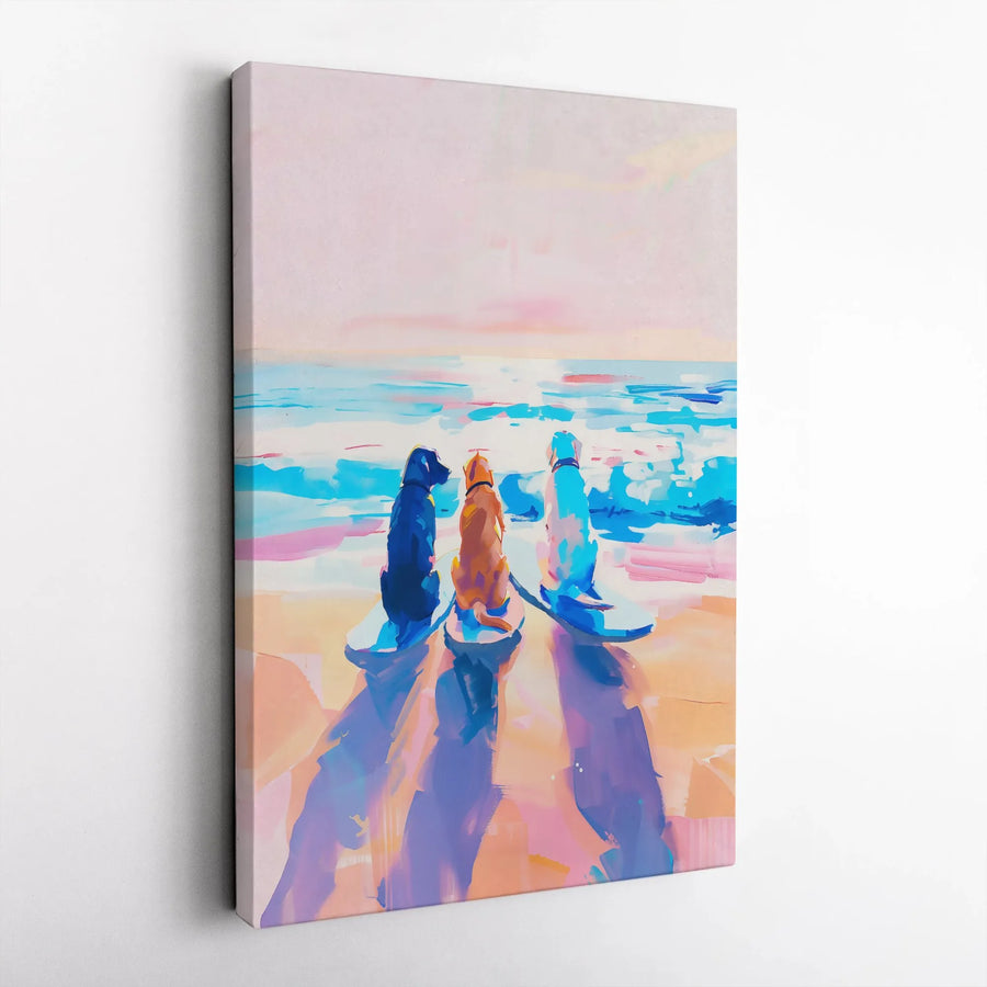 Dog Surfer Beach Canvas Art | Abstract Coastal Three Dogs Print | 1.25-Inch Premium Gallery Wrap | Home Decor Gift for Dog Lovers