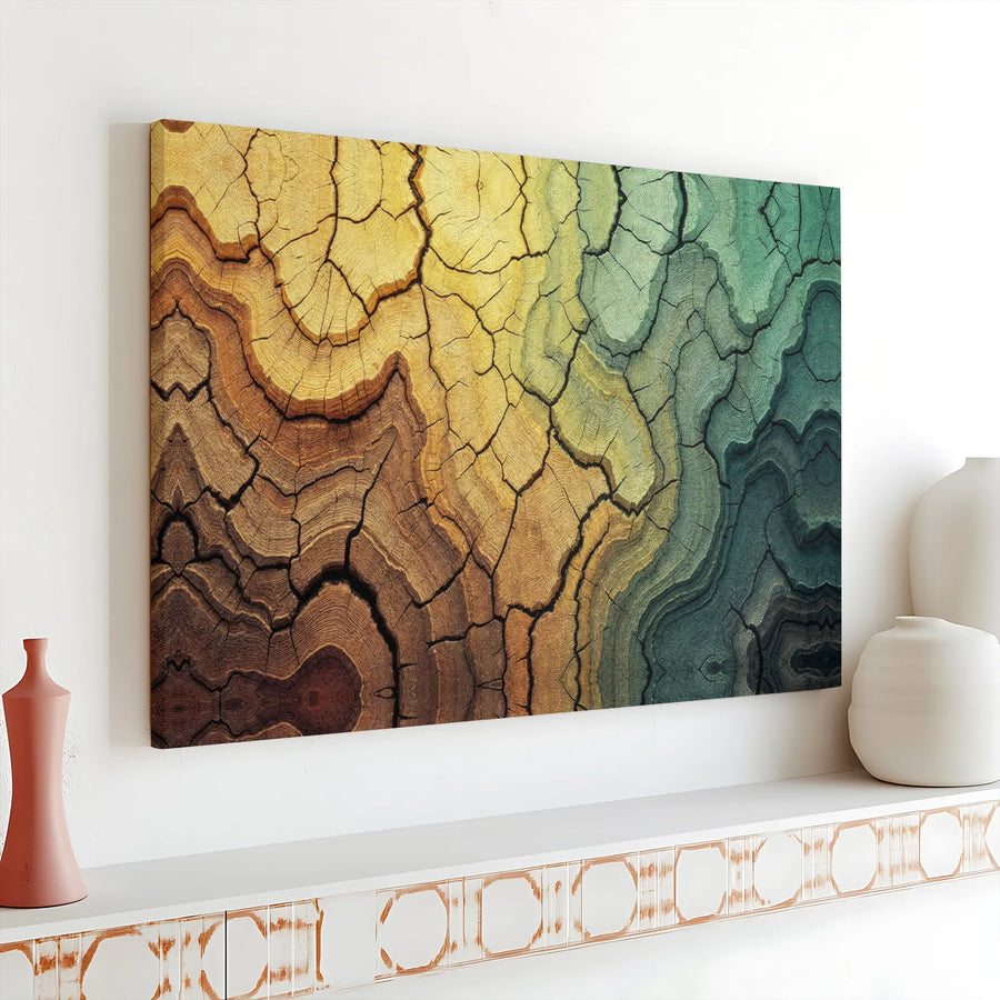 Abstract Wood Grain Canvas Wall Art | Cracked Texture Teal and Gold Gradient | Premium Gallery Wrap Print | Modern Living Room Home Decor