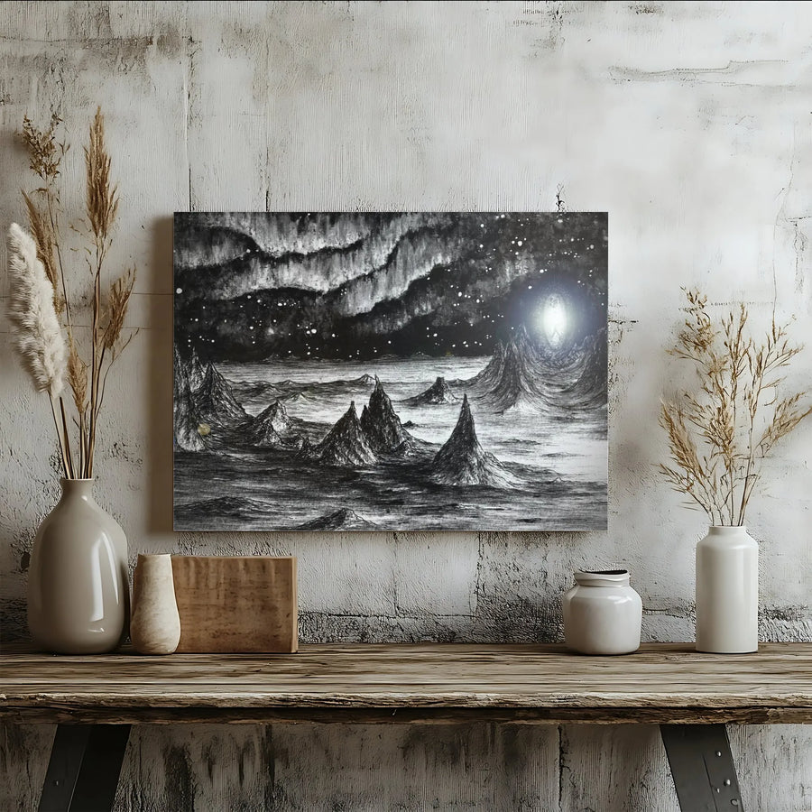 Surreal Landscape Canvas Print | Black and White Cosmic Scenery | Premium Gallery Wrap Canvas | Gift for Sci-Fi & Fantasy Fans