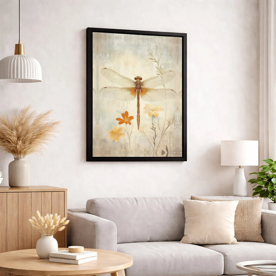 Vintage Dragonfly Canvas Wall Art | Orange and Yellow Wildflower Botanical Print | Premium Gallery-Wrapped Decor | Nature Inspired Gift for Home