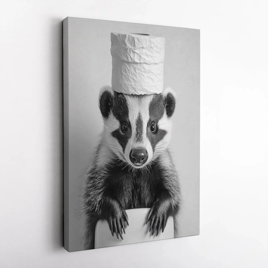 Funny Badger Wall Art | Black and White Animal Bathroom Decor | Premium Gallery Wrap Canvas | Quirky Home Office Gift for Animal Lovers