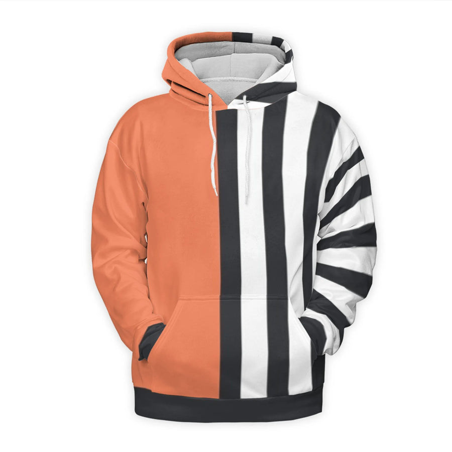Orange and Black Striped Hoodie | Geometric Split Design | Soft Polyester Brushed Fleece | Unisex Modern Casual Streetwear Gift