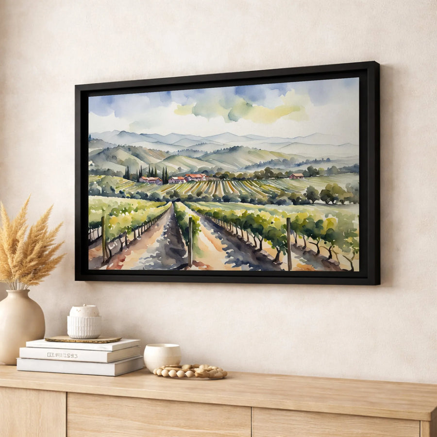 Italian Vineyard Canvas Wall Art | Watercolor Landscape Painting | Premium Gallery-Wrapped Print | Tuscany Home Decor Gift