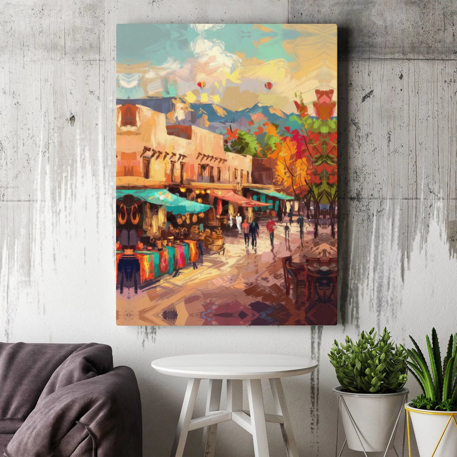 Santa Fe Street Market Canvas Art | Impressionist Southwest Town Print | Premium Gallery Wrap Decor | Southwestern Home Office Gift