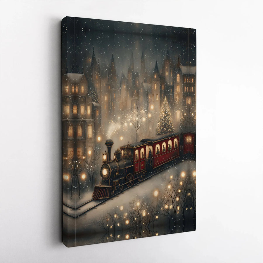 Christmas Steam Train Canvas Wall Art | Snowy Village Winter Scene | Premium Gallery Wrap Print | Festive Holiday Home Decor Gift