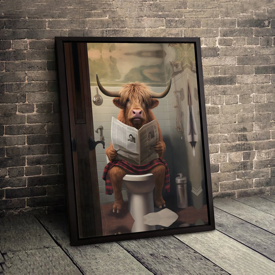 Highland Cow Bathroom Wall Art | Funny Toilet Reading Print | Gallery Quality 1.25 Inch Canvas | Humorous Farmhouse Home Decor Gift