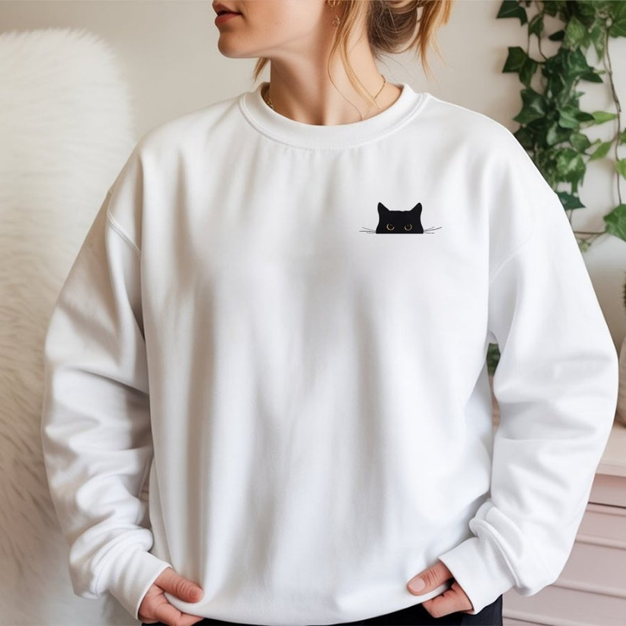 Cat Sweatshirt | Minimalist Peeking Kitty Line Art | Premium Cotton Blend | Cute Cat Lover Gift for Women and Men
