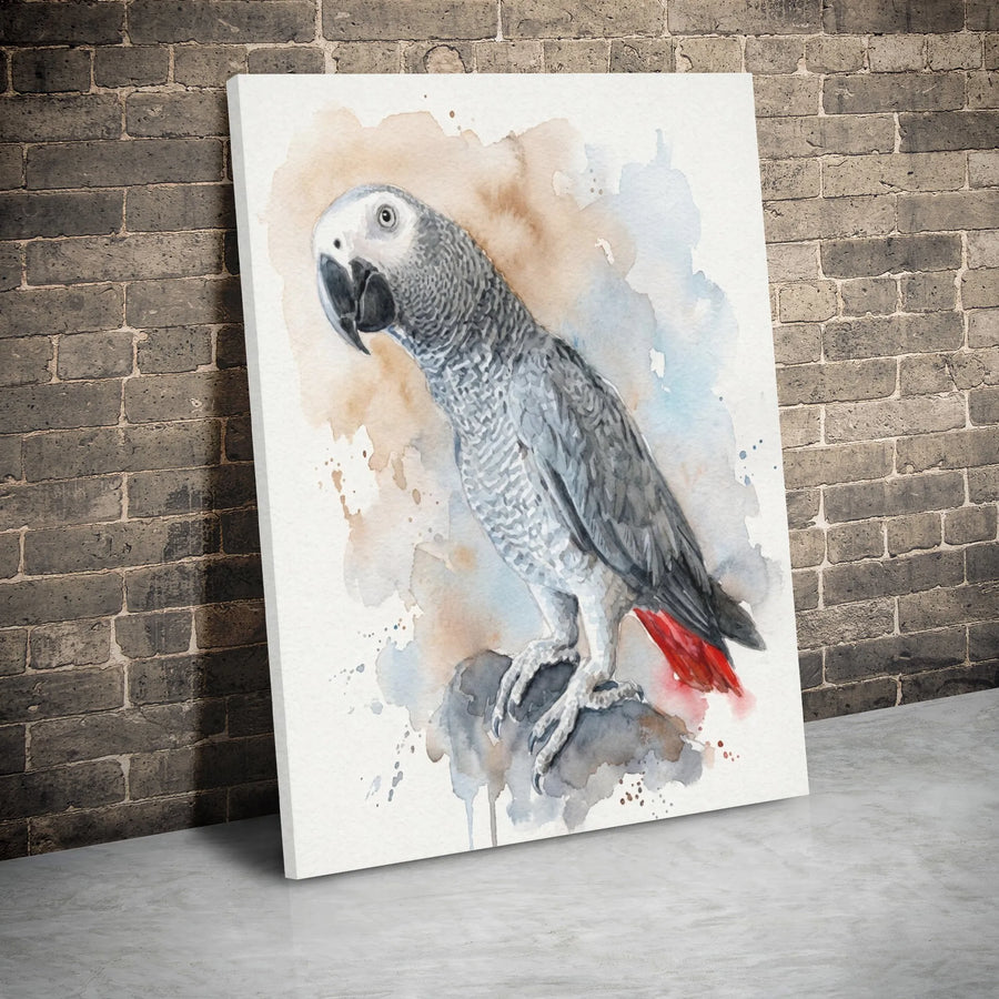African Grey Parrot Wall Art | Watercolor Bird Portrait Print | Premium Gallery Wrap Canvas | Gift For Parrot Owners And Bird Lovers
