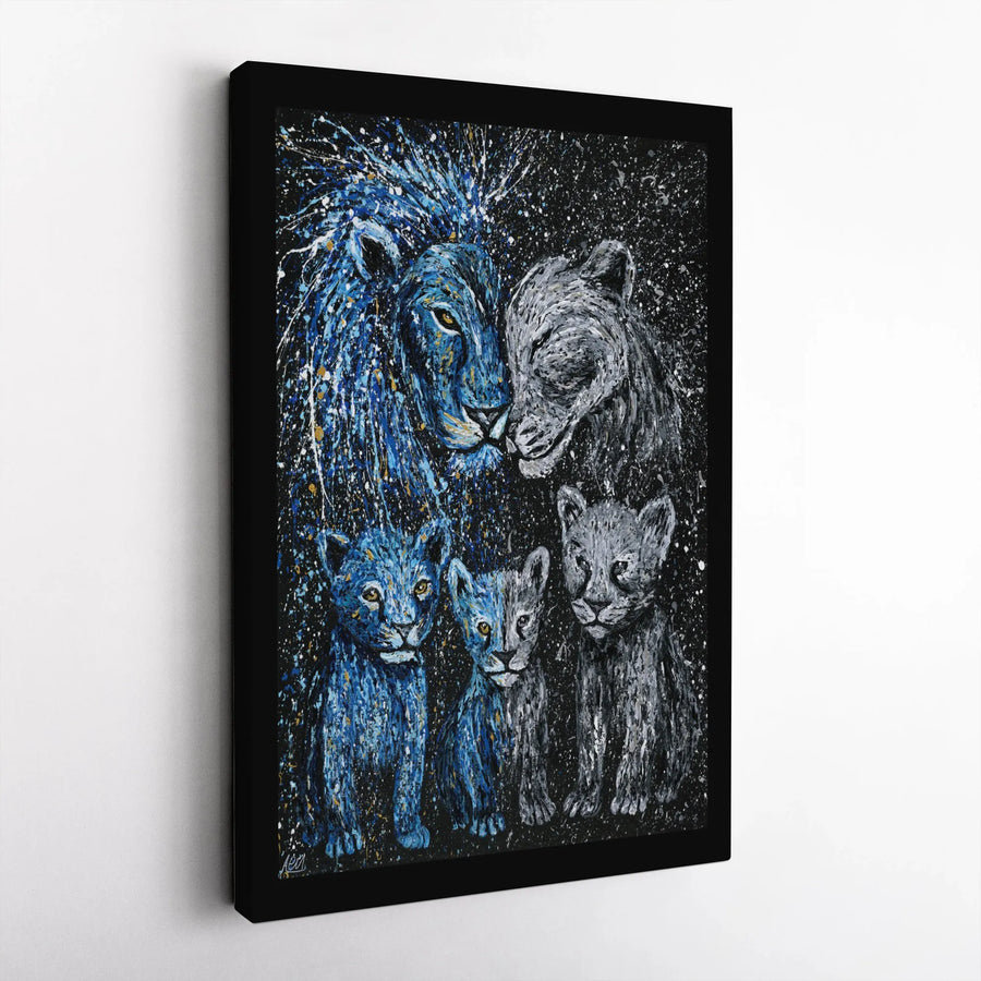 Lion Family Canvas Print | Abstract Blue Splatter Wildlife Art | 1.25” Gallery Wrap Decor | Premium Nursery or Living Room Wall Art Gift