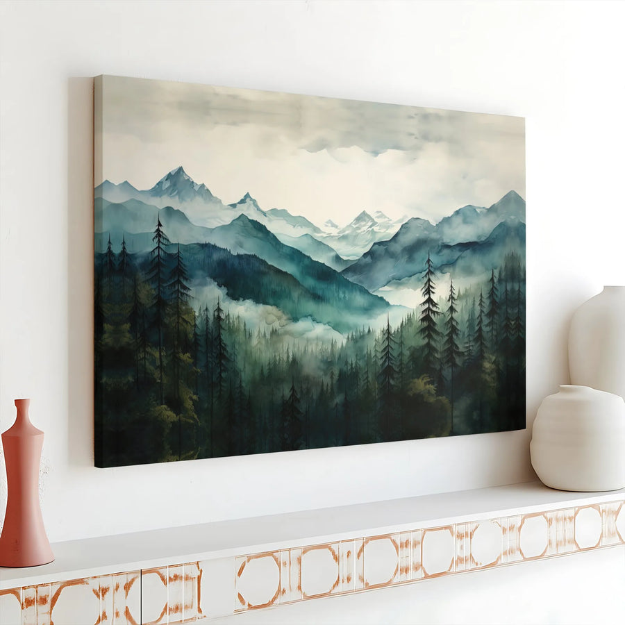 Mountain Landscape Canvas Art | Misty Pine Forest Watercolor Print | Premium Gallery Wrap Wall Decor | Nature Inspired Gift for Home Office