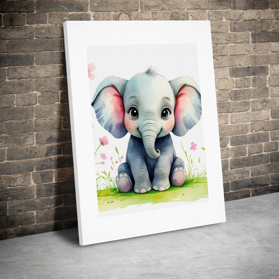 Cute Baby Elephant Canvas Wall Art | Watercolor Nursery Animal Print | 1.25 Inch Gallery Wrap | Charming Gift for Baby Shower & Kids Room