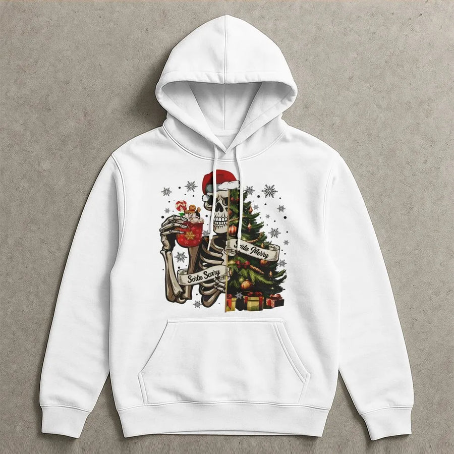 Sorta Merry Sorta Scary Hoodie | Skeleton Christmas Tree Graphic | Soft Cotton-Blend Premium Unisex Sweatshirt | Funny Spooky Christmas Gift Idea